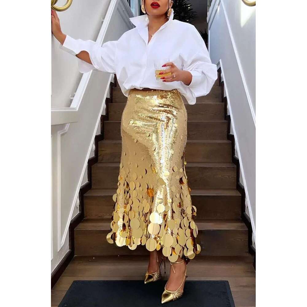 Plus Size Elegant Women's Loose Fit Solid Sequin Skirt Fashion Streetwear Style High Waist Party Skirts