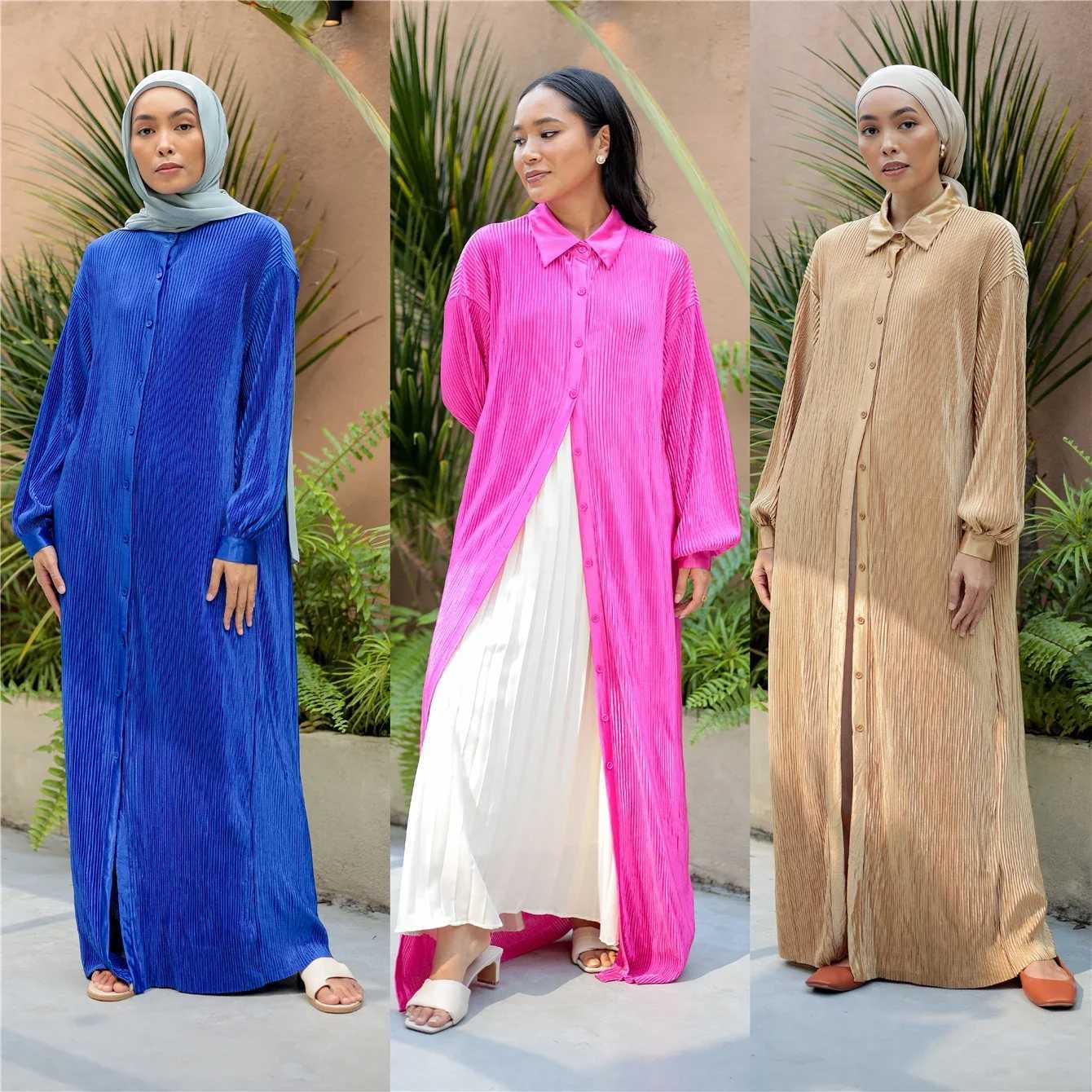 Women Pleated Maxi Dress Eid Mubarak Djellaba Fashion Buttons Abaya Dubai Turkey Kaftan Islamic Clothing Arabic Robe Jalabiya X250514