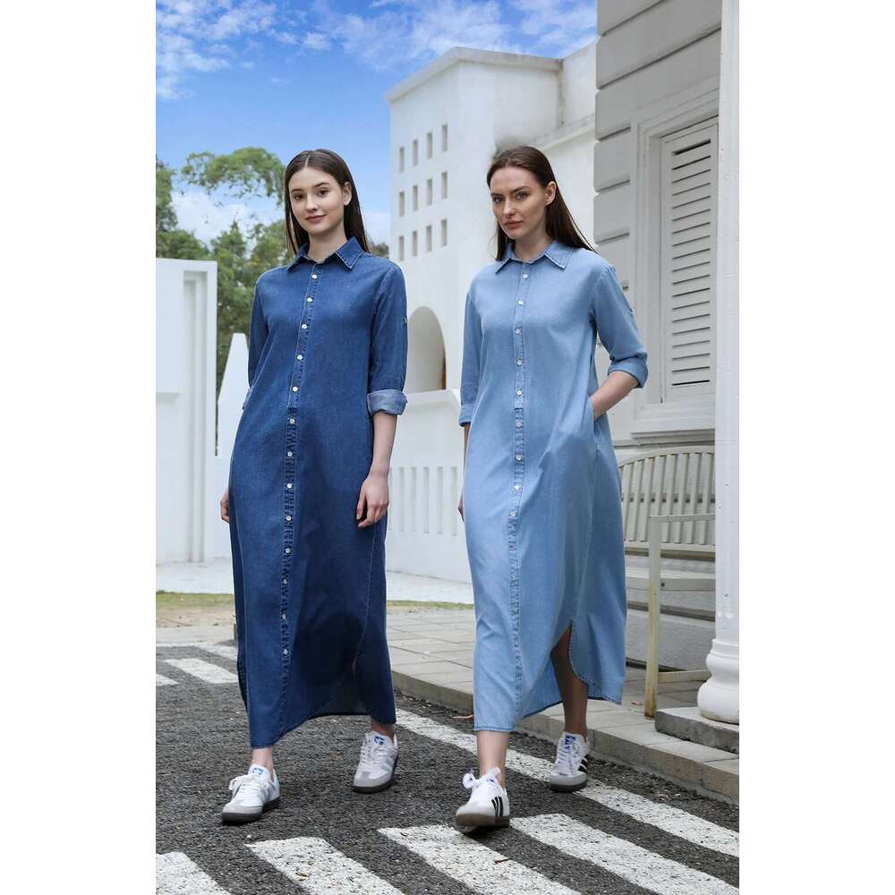 AP Ss25 Women Collar Denim Dress Blouse Style Casual Cotton With A Removable Belt