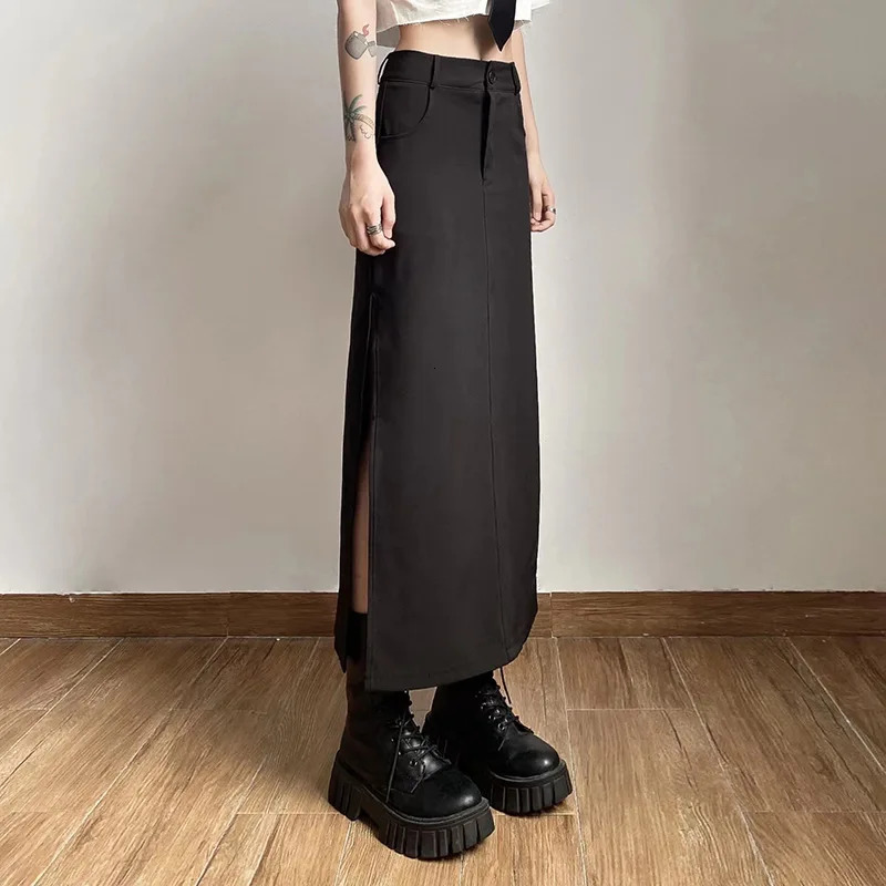 Goth Dark Elegant Mall Gothic Trumpet Women Midi Skirts Grunge High Waist Split Sexy Club Long Skirt Slim Party Streetwear 250514