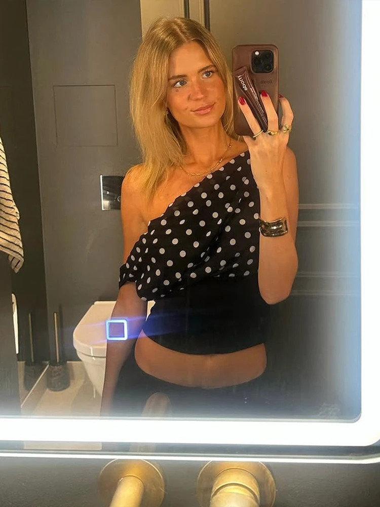 Weird Puss Polka Dots Print TShirts Women Summer Trend Skew Collar Off Shoulder Backless Street Fashion Ruched Crop Tops 250514