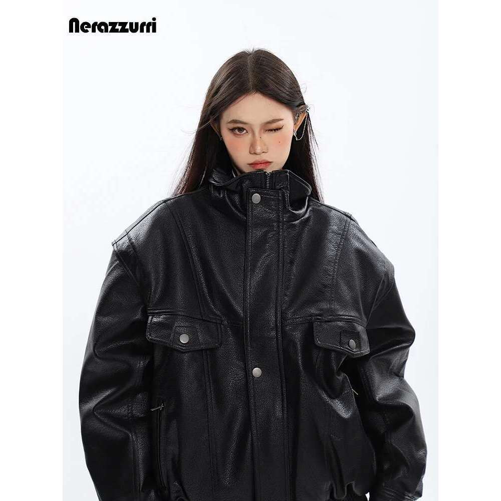 Nerazzurri Spring Autumn Oversized Cool Windproof Thick Black Pu Leather Jacket Women Zip Up Designer Unisex Clothes 2023 Designer Designer