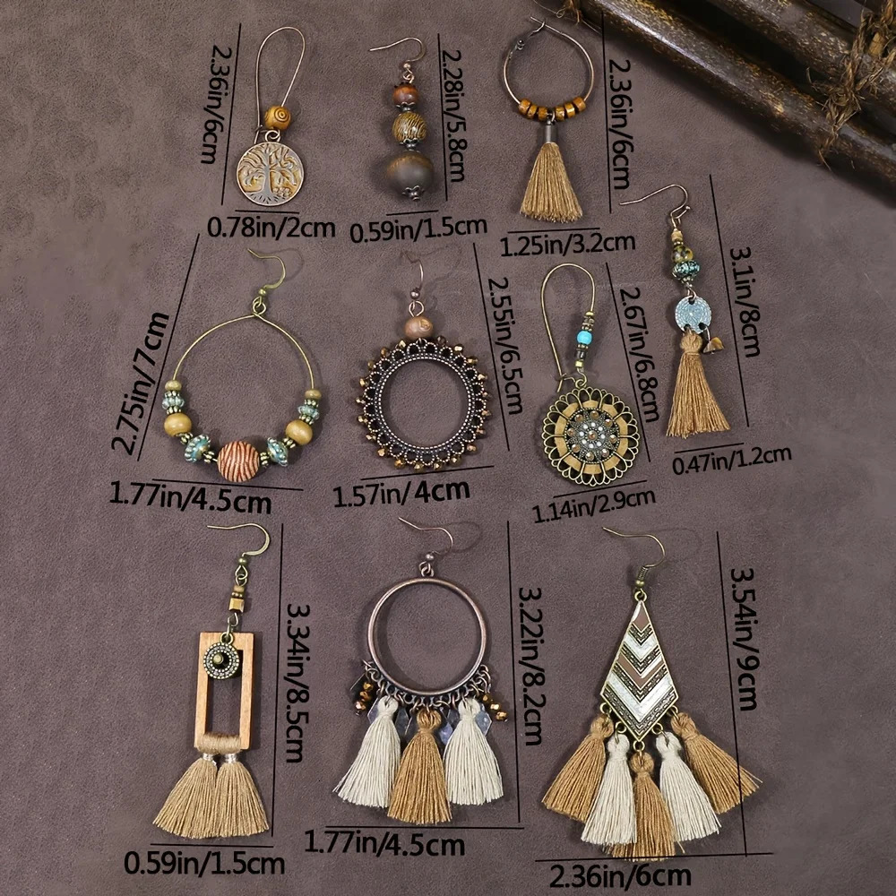 10 Pairs Brown Earrings Set Boho Jewelry Set Drop Dangle Earrings Tassel Wooden Beading Vintage Statement Earrings for Women 250513