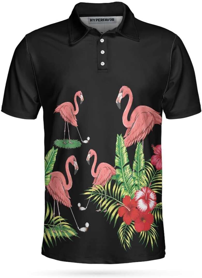 Mens Polo shirt Flamingo Playing Golf And Tropical Pattern Pink Flamingo Short Sleeve Polo Shirt For Golfers, Mens Polo Shirts for Gifts, Short Sleeve