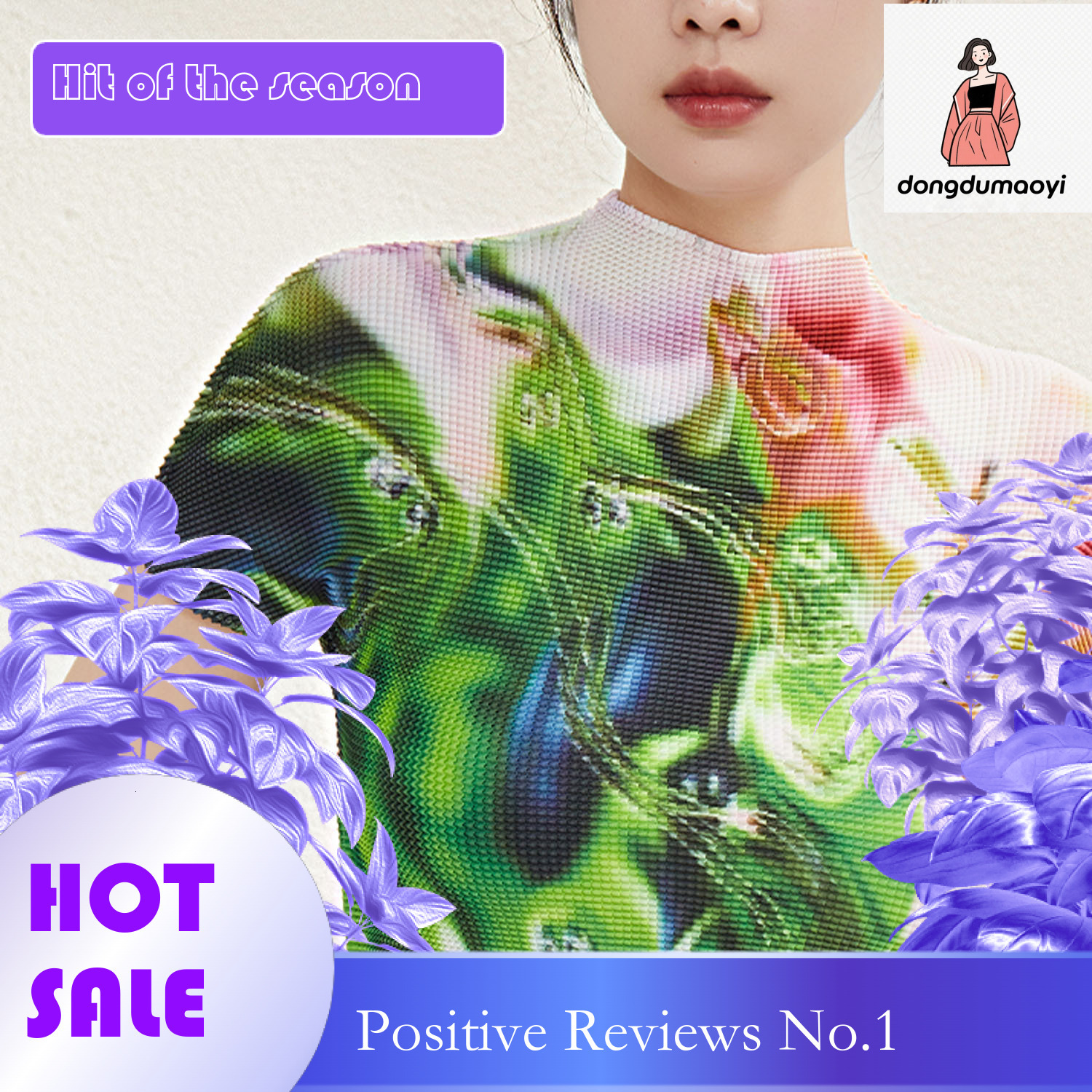 dongdumaoyi Summer 2023 Miyake printed temperament stand up collar short sleeved t-shirt slimming versatile high-end thin pleated top for women