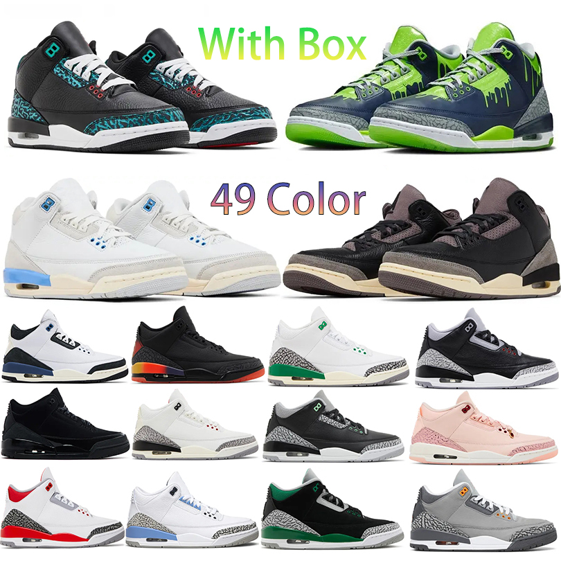 with box 3 Black Cement Basketball Shoes mens sneakers 3s Black Cat Pine Green unc Cool Grey