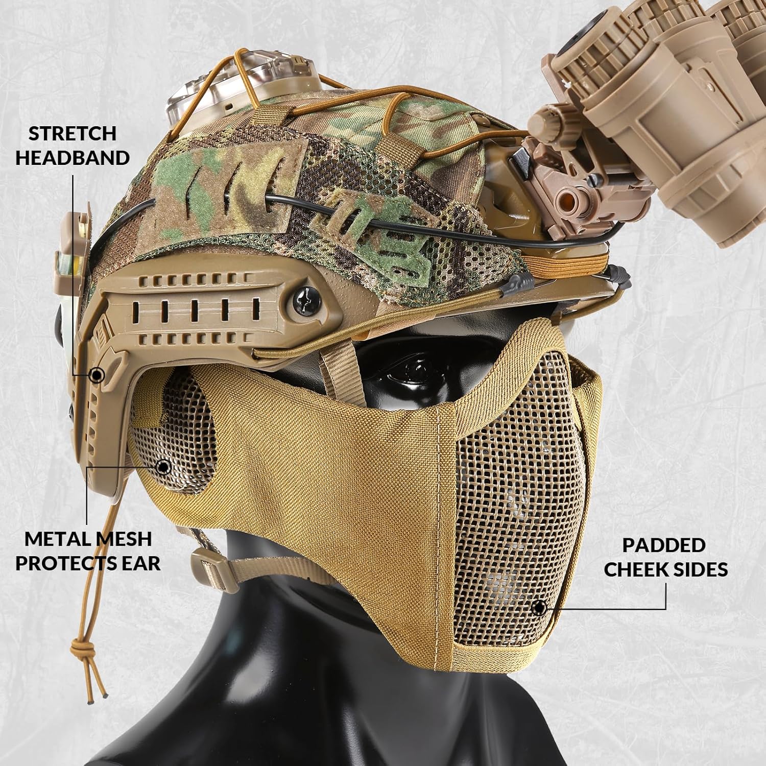 VOTAOGOO Airsoft Mesh Mask, Tactical Foldable Half Mesh Mask with Ear Protection, Adjustable Military Mesh Lower Face Protective Mask