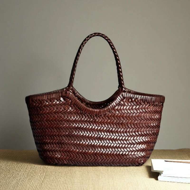 Handwoven Genuine Leather Tote Premium Cowhide Womens Shoulder Bag Large Capacity Beach Purse Elegant Design