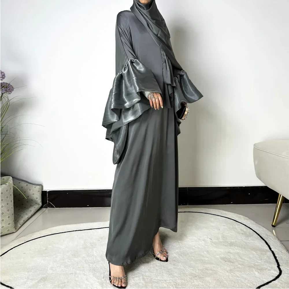 Arab Satin Robe Moroccan Maxi Islamic Turkey Clothes Kaftan Ramadan Eid Muslim Abaya Dubai Elegant Ruffle Slve Evening Dresses X2505141