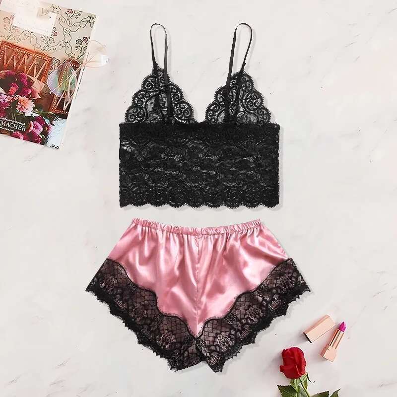 Summer 2 Pcs Women's New Sexy Lace See-Through Pamas Black Pink Cute Clothes Comfortable Breathable Suspender Shorts Set