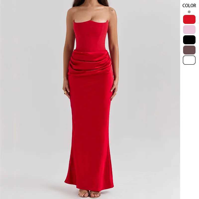 Womens Elegant Satin Strapless Fishtail Dress Flattering Waist Pleats Summer Female Sexy Solid Fish Bone Slim Fit Long DressXJ250514