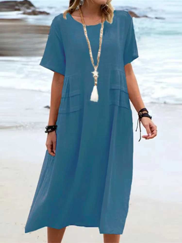 2025 Summer Fashion New Womens Elegant Long Cotton and Hemp Dress Round Neck Vacation Short Sleeve Medium Long DressXJ250514