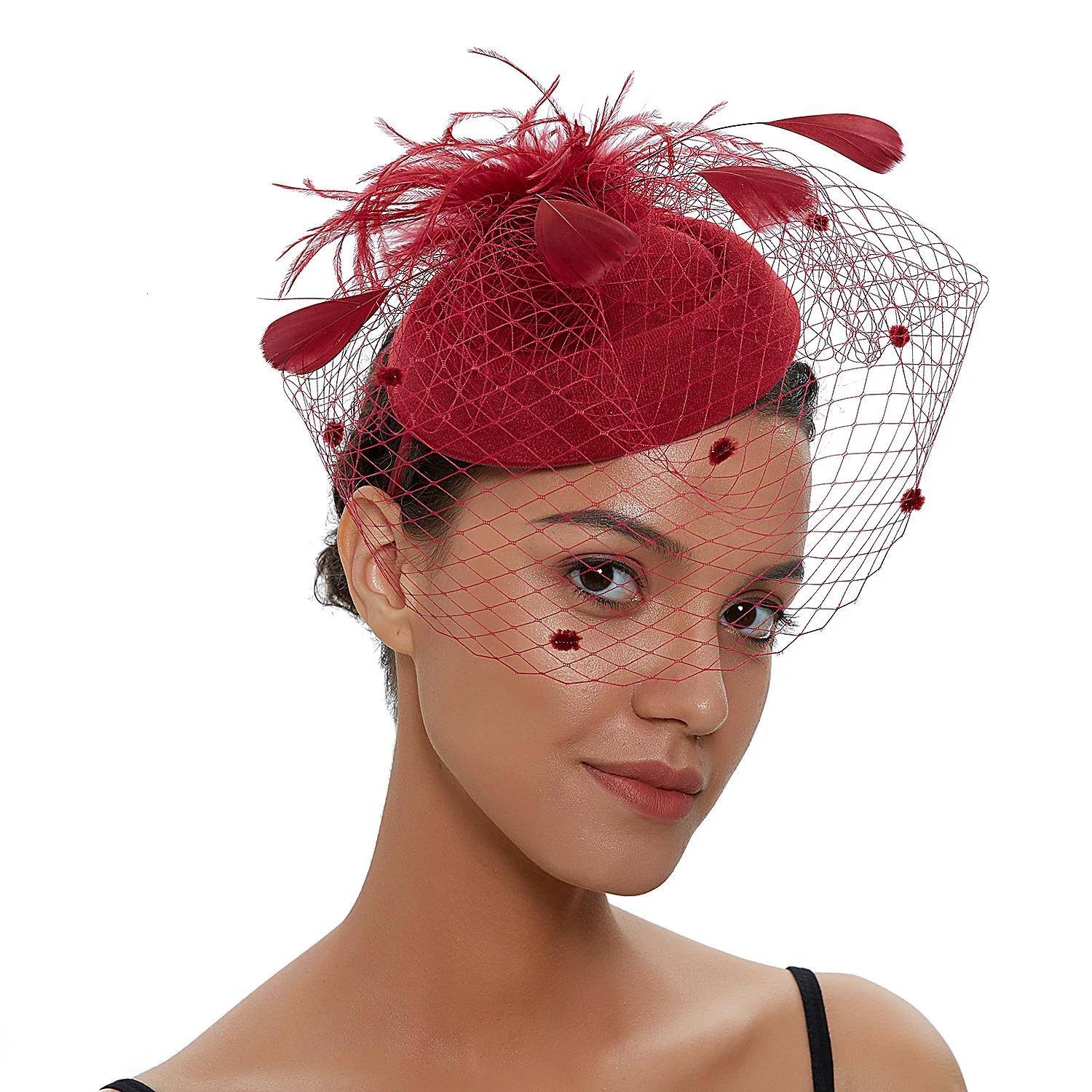 Womens Felt Fascinator Hat Fishnet Veil Small Plush Wave Point Decor Hair Clips Wedding Bridal Cocktail Headwear Fasciantor 250513