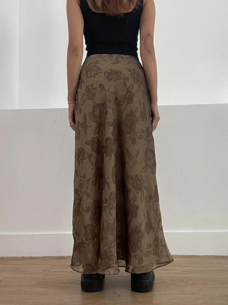 IAMSURE Vintage Floral ALine Mesh Skirt Casual Slim See Through MidWaisted Maxi Skirts Women Autumn Spring Fashion Ladies 250514