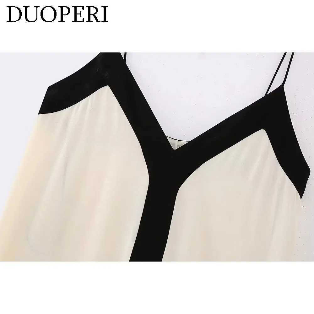 DUOPERI Womens Fashion Patchwork Loose Midi Camisole Dress V-Neck Backless Thin Straps Female Chic Lady Casual Long DressXJ250514