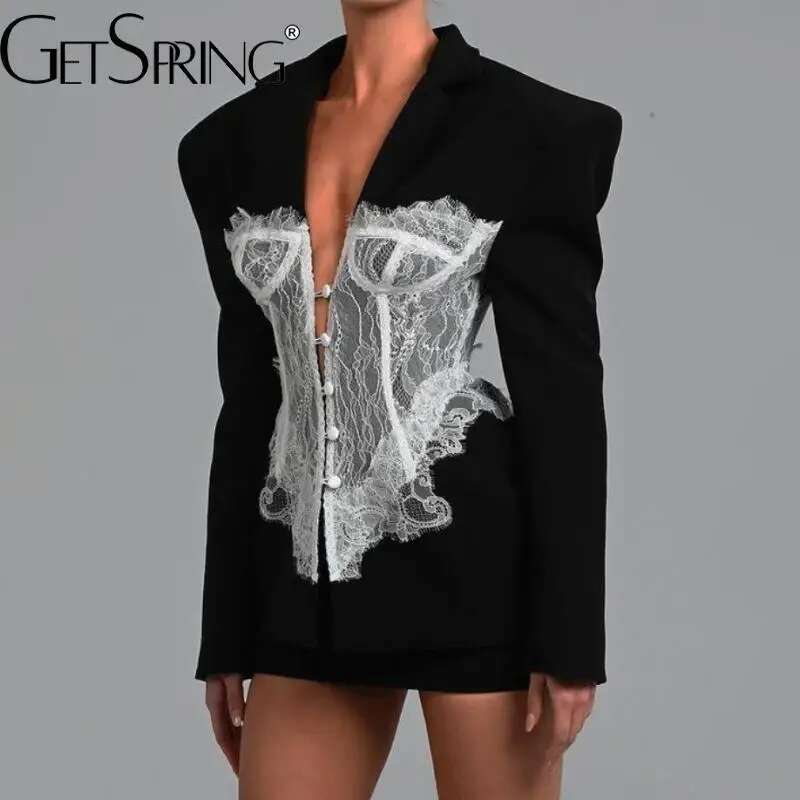 Getspring Women 2024 Autumn Lace Ed Single Breasted Ladies Black Blazer Coat Vintage Women's Slim Suit Jacket Xxxl