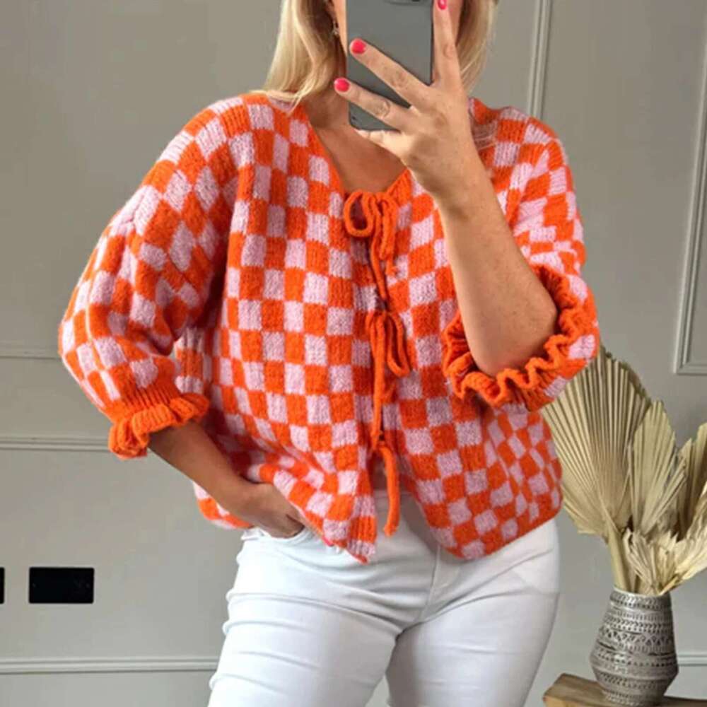 Combhasaki Women's Y2K Checkerboard Print Front Bow Tied Crop Cardigan Crew Neck 3/4 Flare Ruffle Sleeve Knit Sweater Streetwear