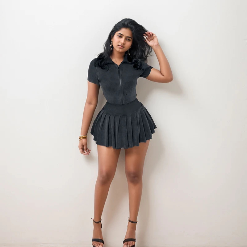 BIIKPIIK Fashion Knitted Two Piece Sets for Women Sexy Club Style Skirts Suits Zipper Short Sleeve Tshirt Mini Pleated Skirt 250514