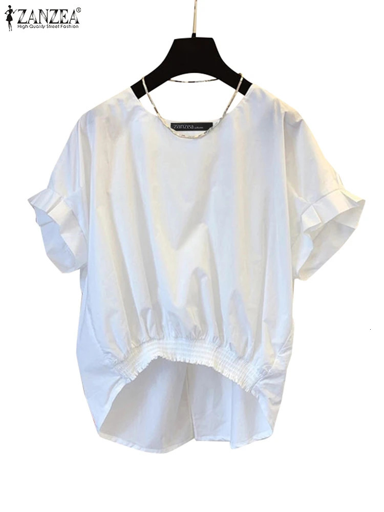 ZANZEA Women Fashion Shirring Hem Blouses Summer O Neck Short Sleeve Casual Blusas Mujer Stylish Slit Back Solid Shirt Tops 250514