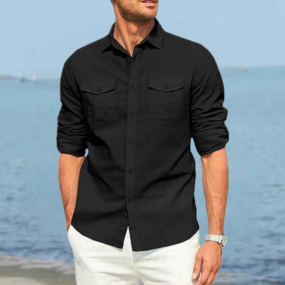 Autumn mens solid color double pocket cotton linen long sleeved lapel shirt casual Dailywear classic cargo 250506Z