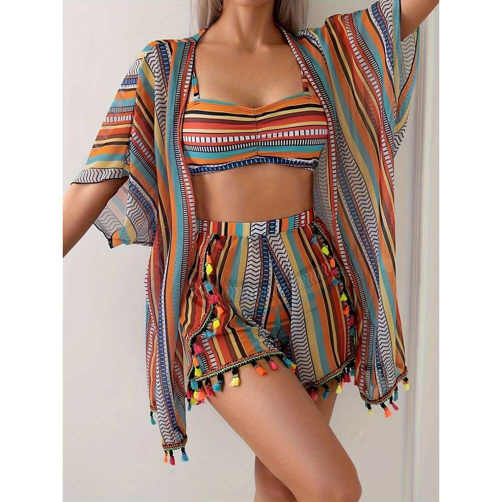 Unyooke Women'S Sexy Print 3pcs Bikini Set with Long Sleeve Cover-Up - Stretchy, Non-Transparent Polyester Blend