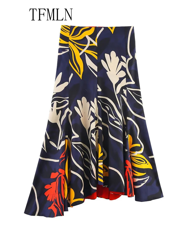 TFMLN Vintage Asymmetric Floral Casual ALine Woman Midi Skirt Fashion Summer Print Elegant Chic Random Cutting Long Skirts 250514