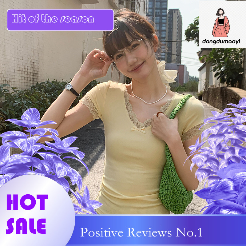 dongdumaoyi Lace patchwork sleeved T-shirt for women in summer 2025, new V-neck bow design, niche tight fitting short top