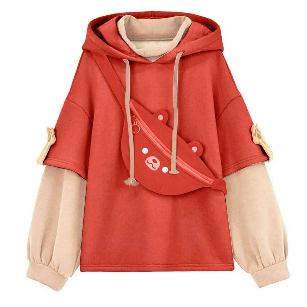 Kawaii Cute Oversize Hoodie With Bear Bag Womens Autumn Patchwork Sweatshirts Pullovers Japanese Streetwear Aesthetic Hoodies Designer