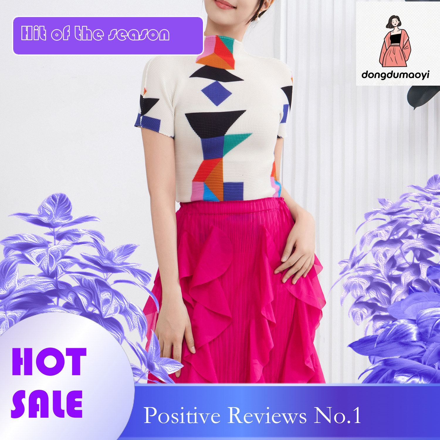 dongdumaoyi Counter quality pleated semi high neck T-shirt women in summer, with a high-end feel and printed slim fit temperament. Versatile top for w