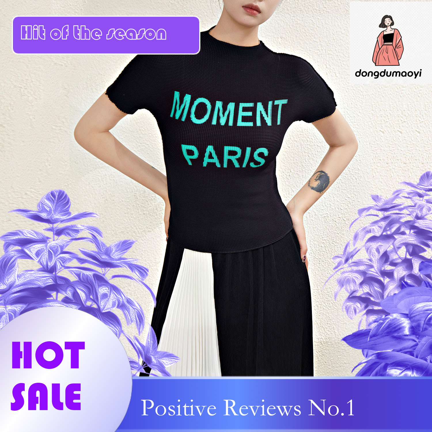 dongdumaoyi Miyake slim fit top for women's summer design, letter print, Western style, slimming half high neck short sleeved T-shirt thin