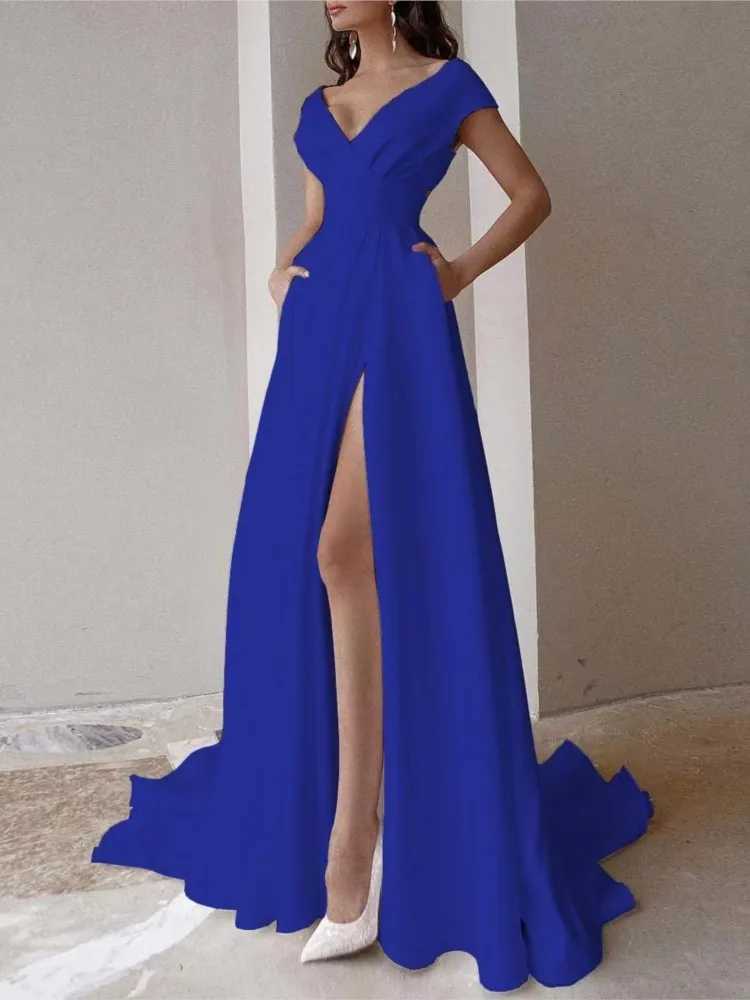 Elegant Long Chest-wrapped Ruffled Solid Color Crossbody Waist Slit Mid-waist Solid Color Temperament Commuting Evening DressXJ250514