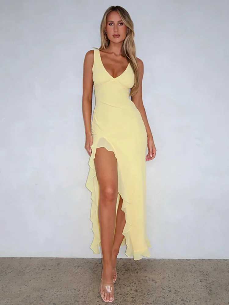 Mozision Elegant Sleeveless Ruffles Sexy Long Dress For Women Summer New Deep V Neck Backless Thigh High Split Maxi DressXJ250514