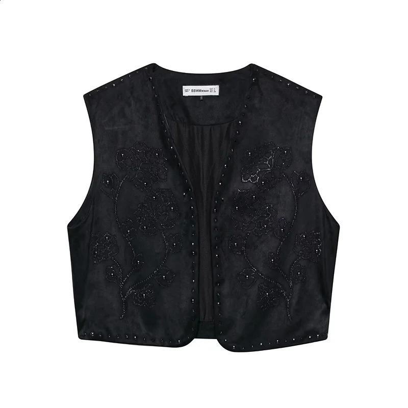 Willshela Womens Fashion Beaded Black Sleeveless Jacket Waist Coat Retro Vneck Tank Top 250506