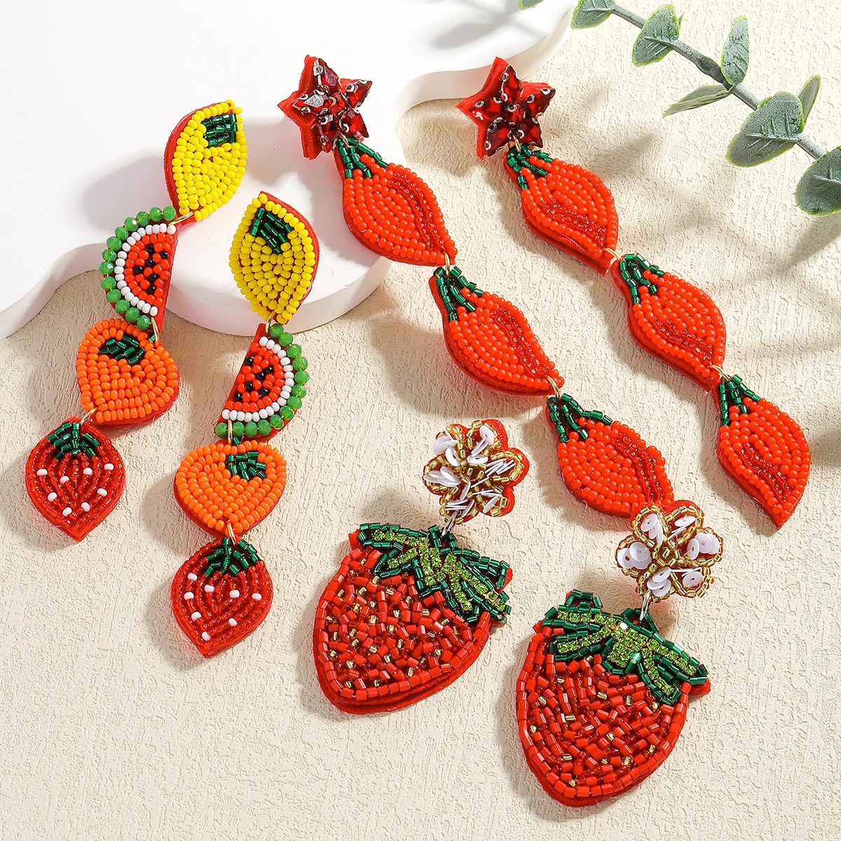 Bohemia Vintage Handmade Cute strawberry Lemon Orange Dangle Earrings For Women Red Color Rice Beads Summer Daily Jewelry Gift 250514