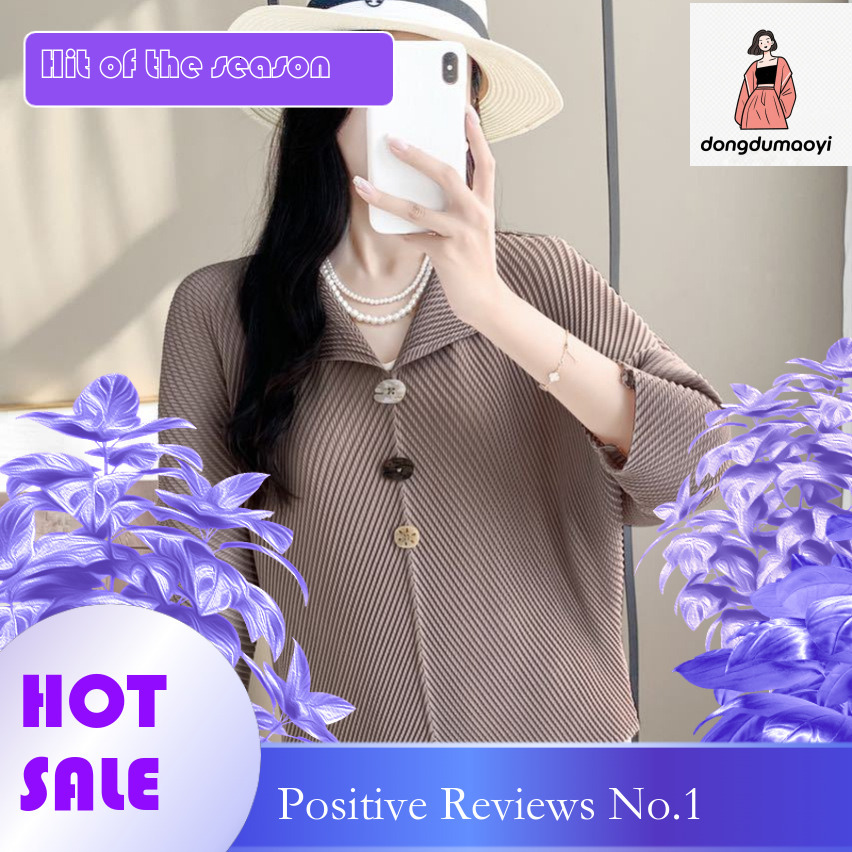 dongdumaoyi Miyake Shirt Women's 2024 Autumn New Dragon Scale Fold T-shirt Versatile Loose Look Thin Long Sleeve Temperament Collar Top