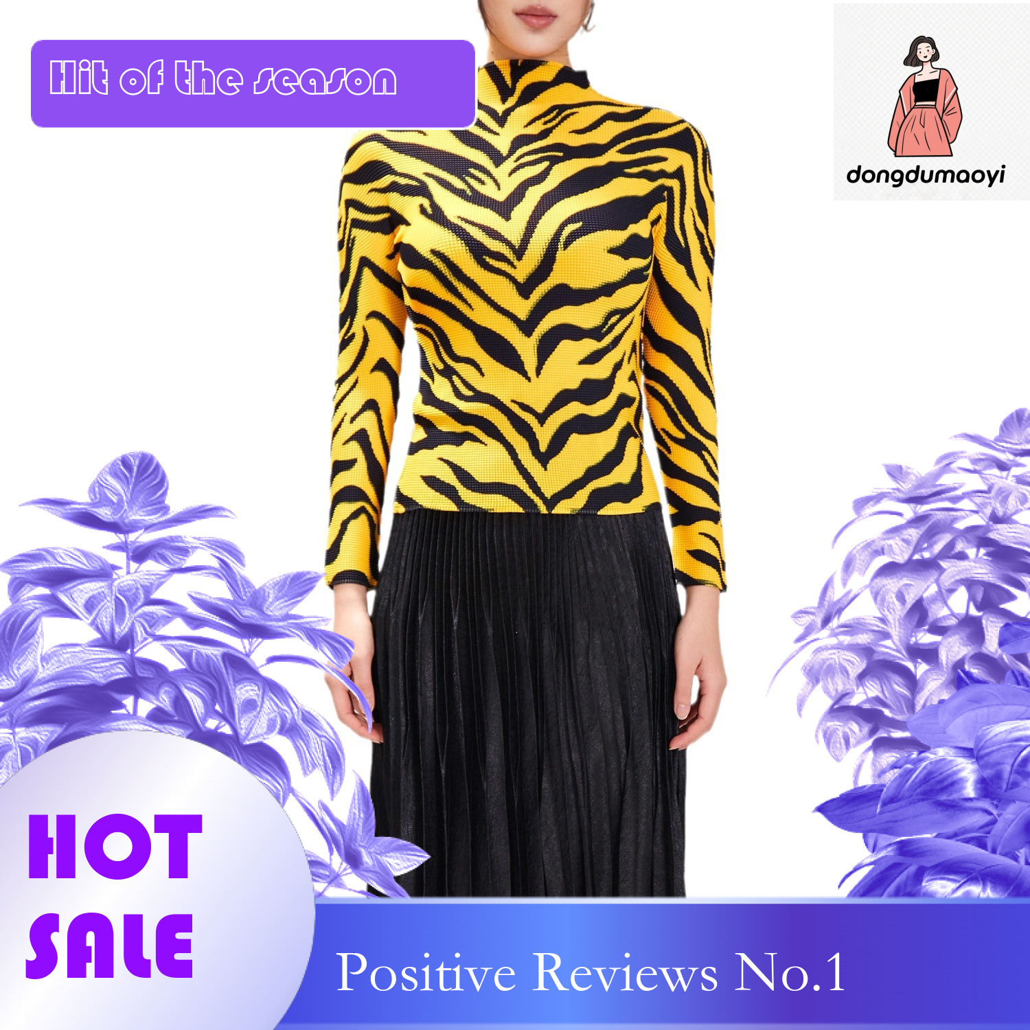 dongdumaoyi Miyake style semi high neck base shirt for women 2024 spring new T-shirt slim fit with fashionable pleated zebra print top