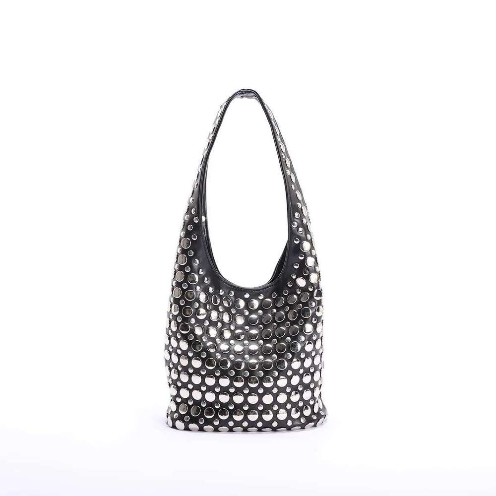 Embellished Punk Style Double-Faced Round Rivet Inlaid Niche Bucket Chic Lady Underarm Large Capacity Shoulder Bag