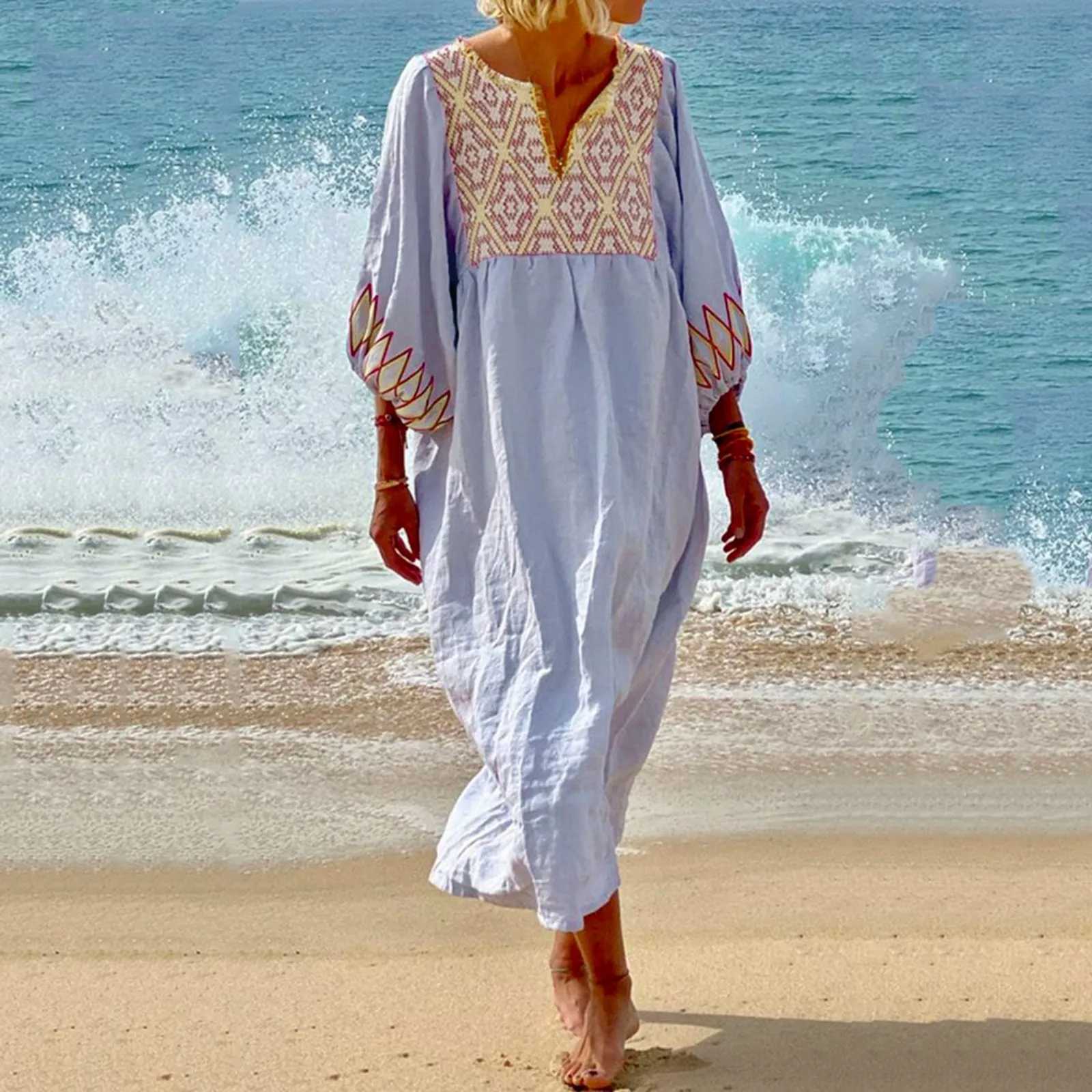 Womens Ethnic Retro Geometric Print Long Dress Spring 3/4 Lantern Sleeve A-Line Party Dress Summer V Neck Loose Beach Boho DressXJ250514