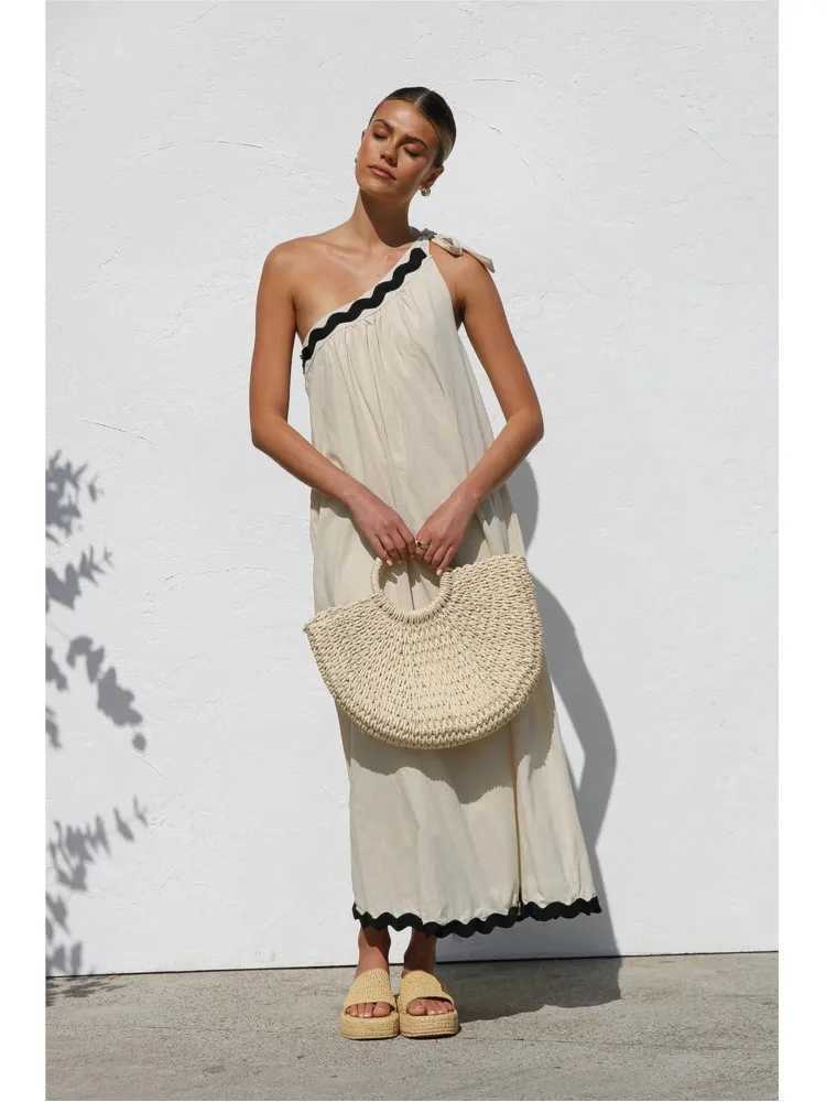 Solid Color Casual Dress For Lady 2025 Summer New French With Sloping Shoulders Lace Up Temperament Vacation Style On DressesXJ250514