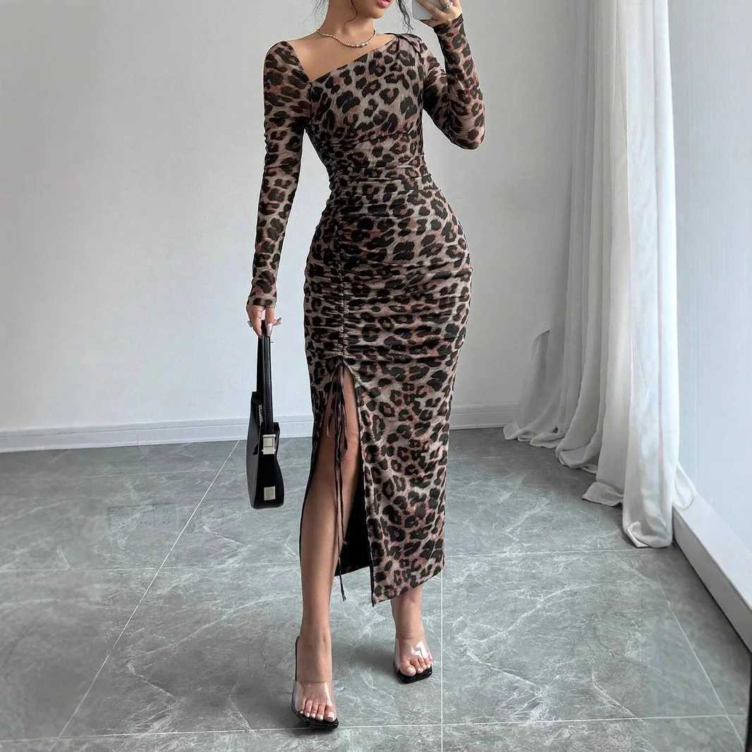 Sexy Leopard Print Split Long Dress Women Fashion Long Sleeve Bodycon Dresses For Women 2025 Spring Slim Party Dress FemmeXJ250514
