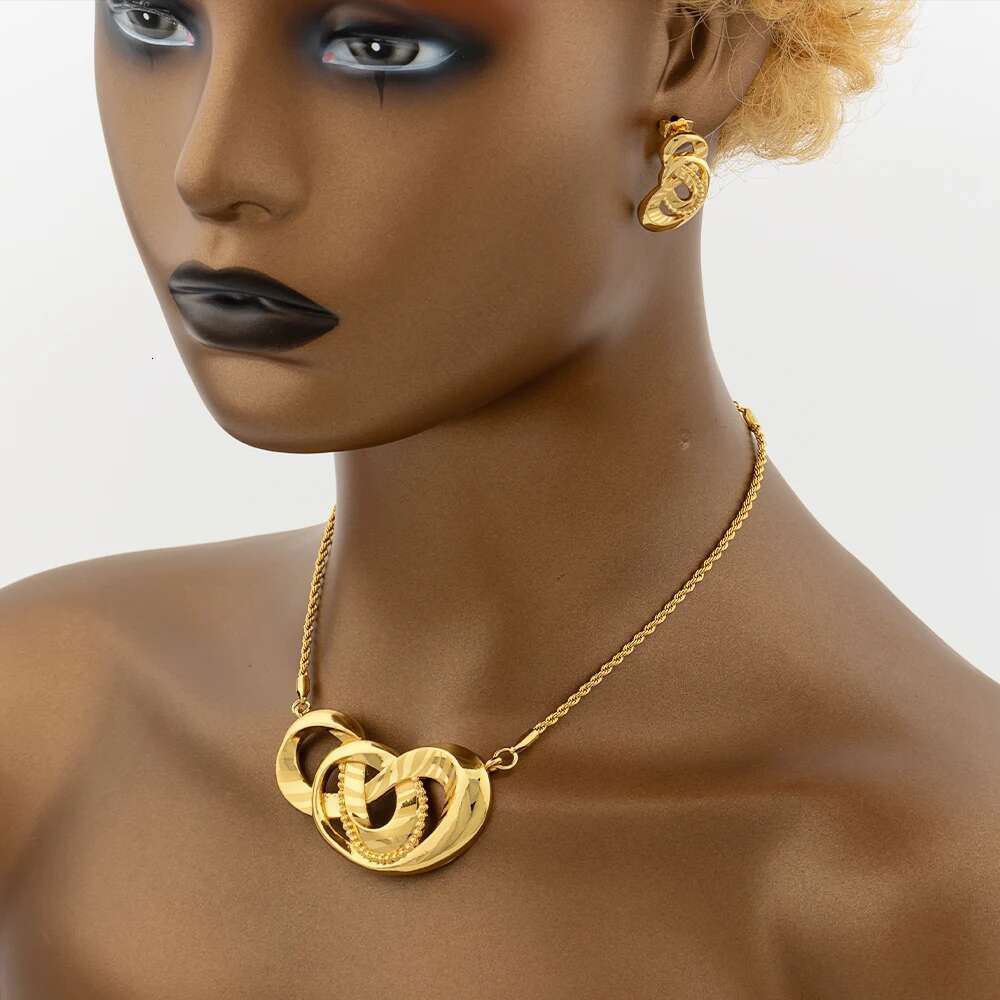 Dubai For Women Gold Color Love Ethiopian African Heart Necklace Earrings Set Arab Bridal Dowry Jewelry Gift