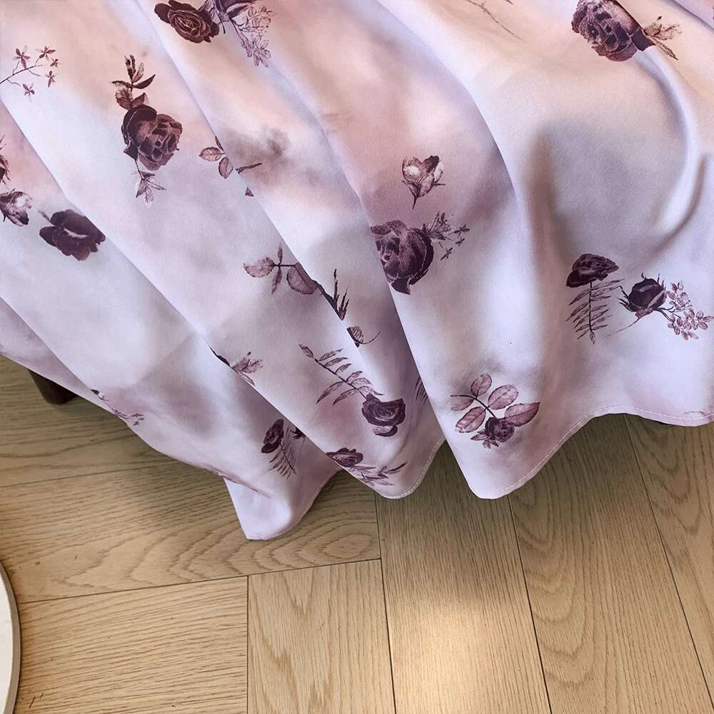 Plus-size Women's Fall/Winter Casual Commuter Loose Comfortable Skirt Pink chiffon print A-line elastic waist lined long skirt
