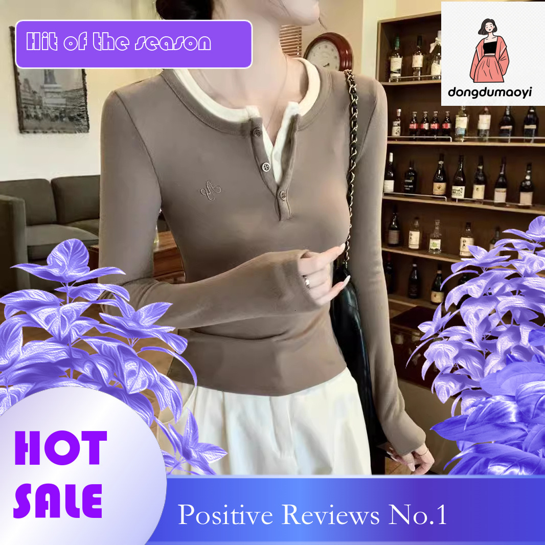 dongdumaoyi 2025 Early Spring Design Sensation Fake Two piece Long Sleeve T-shirt for Women's New Style, Interior Fit and Slimming Bottom Shirt, 