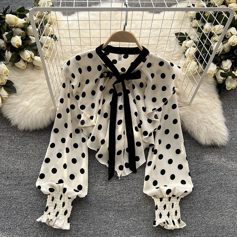 HELIAR Women Elegant Office Chiffon Shirts Polka Dot Printed Long Sleeve Blouse Ruffles Sweet Tops Casual Thin Harajuku Tees 250514