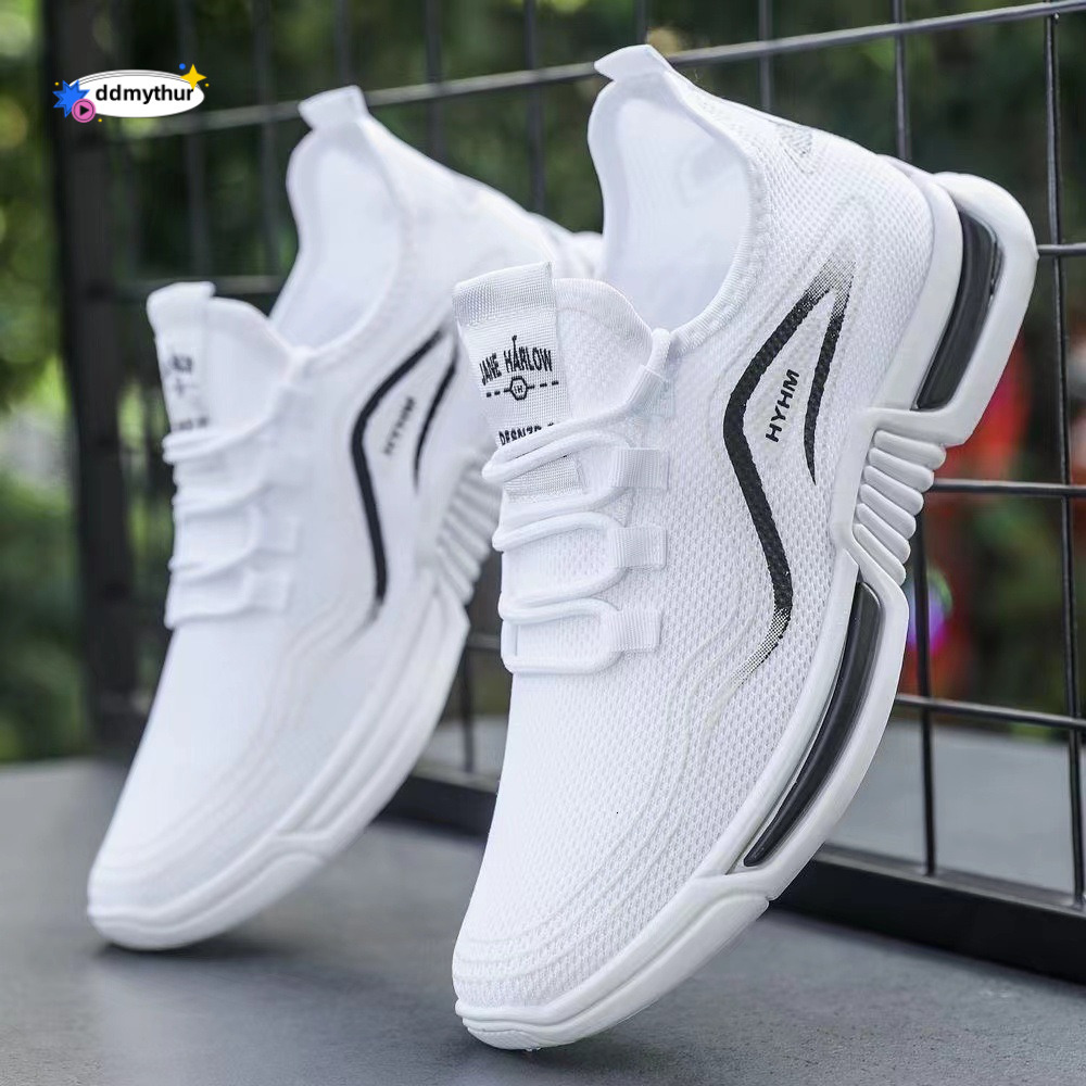 Men's summer new sports anti slip casual running shoes, fly woven breathable and comfortable white shoes ddmythur