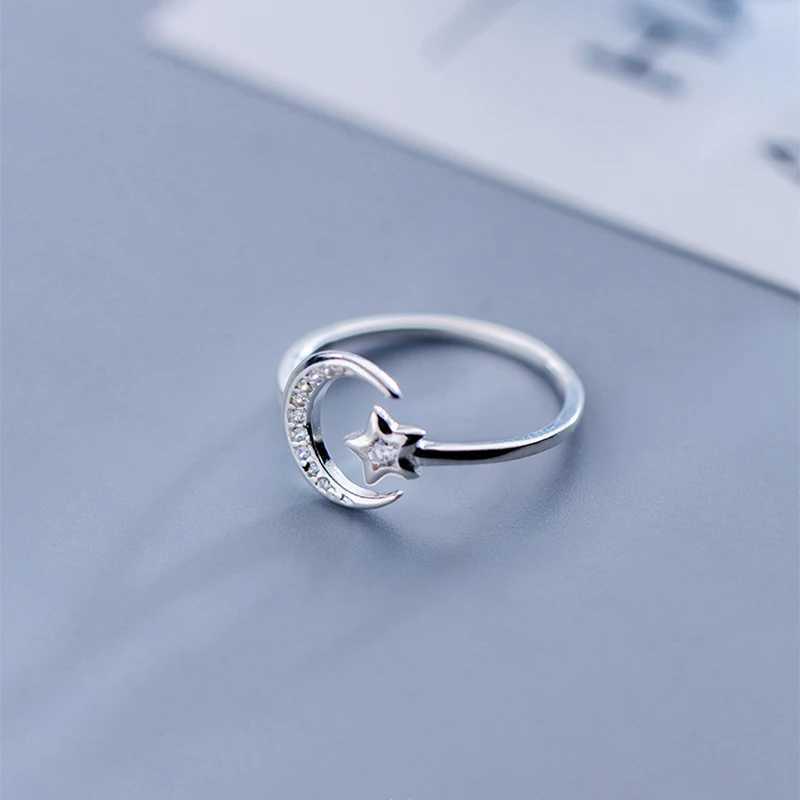 Real 925 Sterling Silver Minimalist Zircon Moon Star Opening Ring For Charming Women Party Fine Jewelry Cute 2019 GiftXJ250514