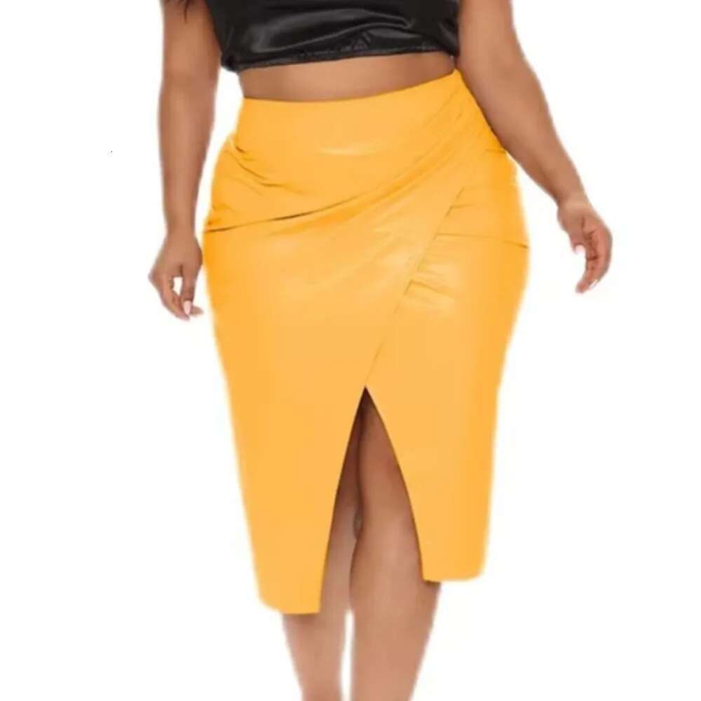 High Waist Stretch Plus Size Sissy Sexy PVC Leather Front Split Solid Color Revelry Party Lady Package Hips Skirts