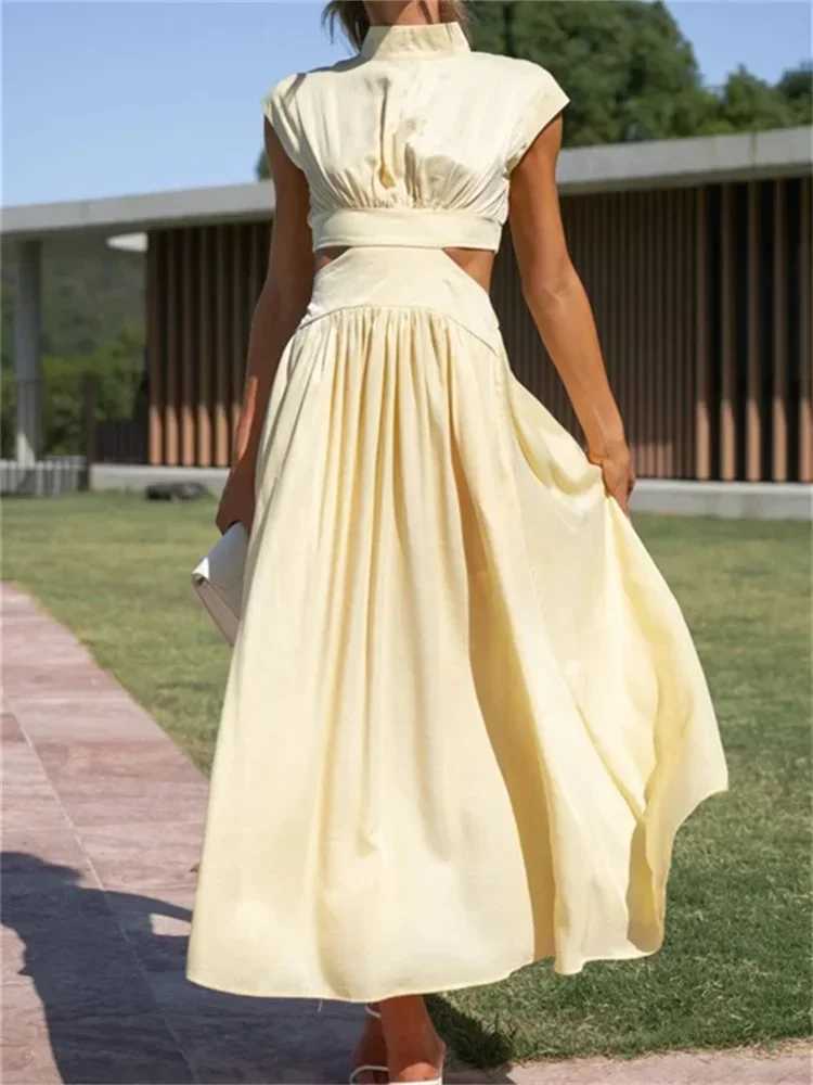 Womens Summer Long Dress Solid Color Sleeveless Mock Neck Hollow Out A-line Dress Sexy Elegant Beach Holiday Loose DressesXJ250514