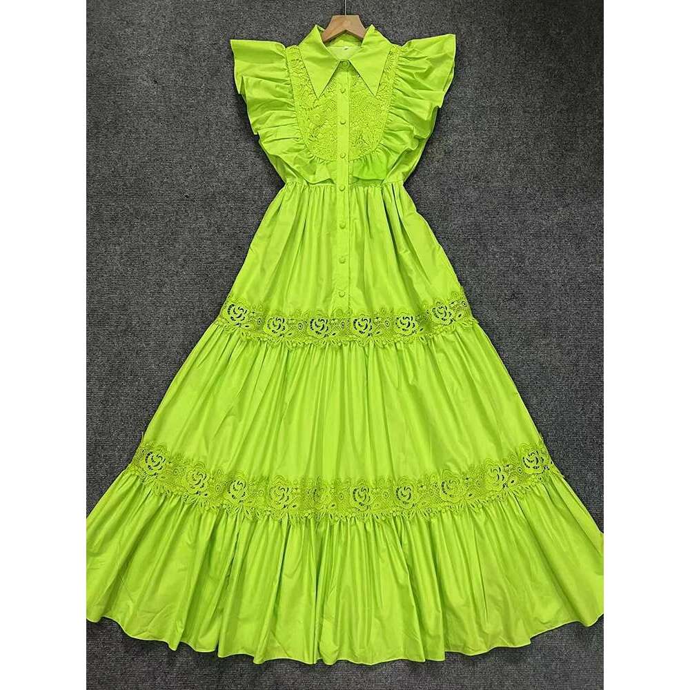 VGH Solid Patchwork Lace Elegant Dresses For Women Lapel Flying Sleeve High Waist Sliced Single Breasted Dress Female Fashion
