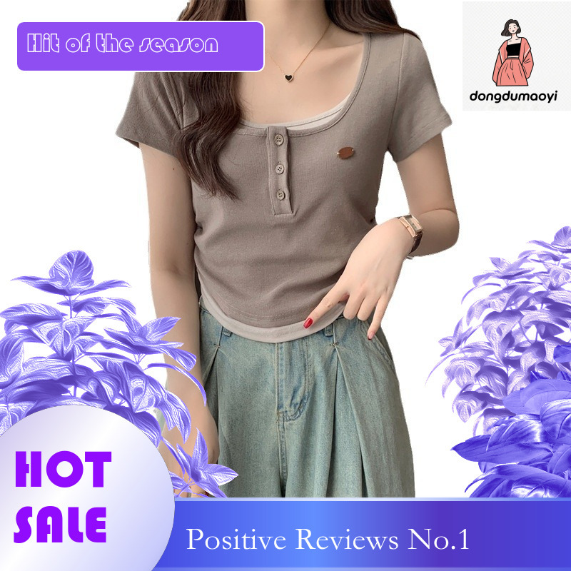 dongdumaoyi American style shoulder fake two piece sleeved T-shirt for women in summer 2025, new base small shirt, waist cinching and slimming short t